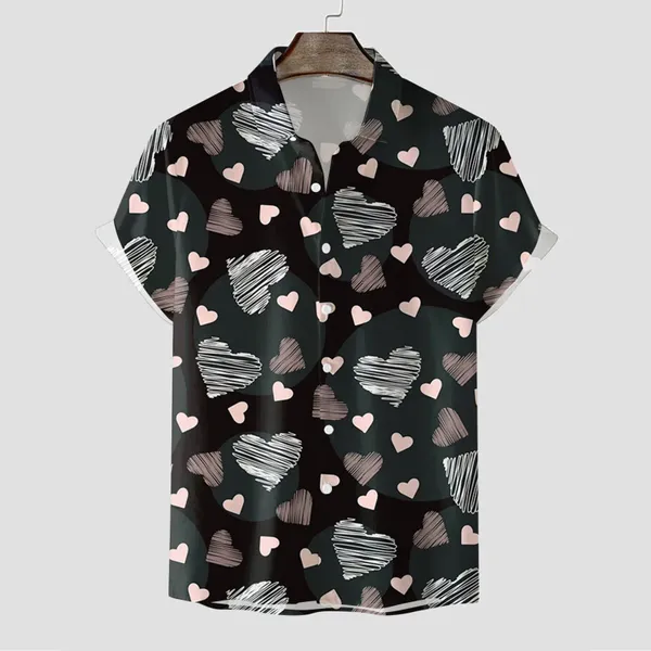 Camicie casual maschile a maniche corte 2024 Fashion Attrema a quattro vie 3D Digital Stamped's Valentine's Day Abbigliamento di grandi dimensioni