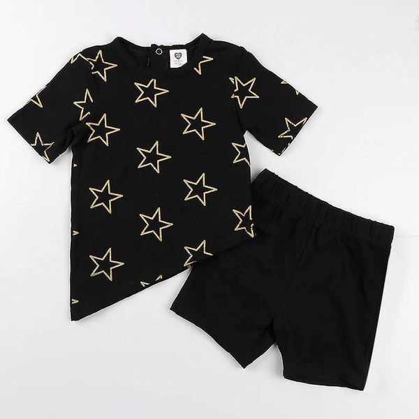 Set di abbigliamento per bambini abbigliamento estivo magliette e pantaloncini in oro nero/argento da stella da stella abbigliamento e ragazze abiti rotondi a maniche corte shirtsl2405