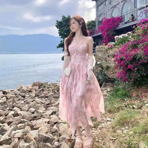 Lässige Kleider Fairy Style Halo gefärbt floraler unregelmäßiger Saum Urlaub Langes Kleid Hängende Hals Rosa Girl Beach 2024