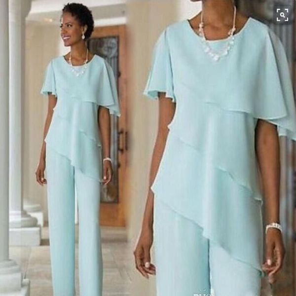 2019 Novo Mint Mother of the Bride Dresses Vestido de convidado de casamento de seda chiffon de manga curta Mãe de ternos de calça de noiva em camadas de noiva feita 257J