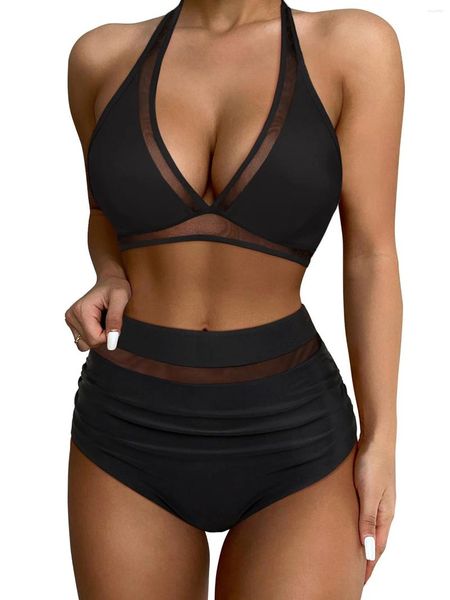 Damen Badebekleidung 2024 Sexy Mesh Patchwork High Taille Bikini Sets Badeanzug für Frauen Halfter Push Up Female Badeanzüge Strandbekleidung XL XL