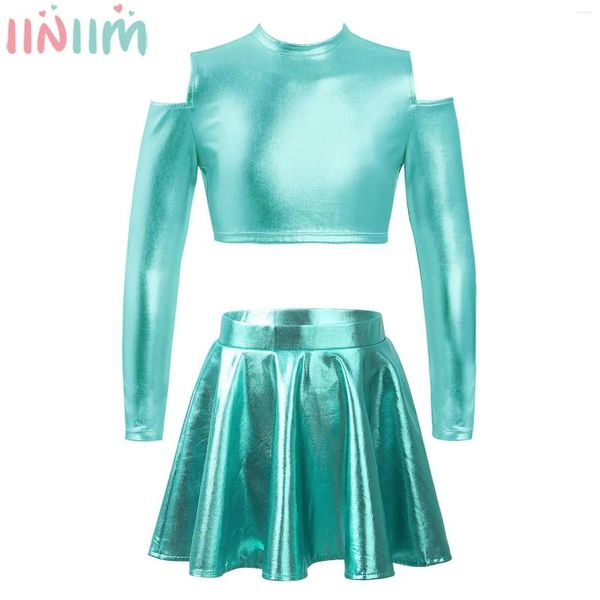 Set di abbigliamento per bambini ragazze metalliche svuotanti shiny jazz danza cheerleading outfit manica lunga spalla top con una gonna pieghettata