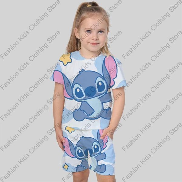 Set di abbigliamento Miniso Summer Children Boy Girl Cartoon Stitch 3D T-shirt Casual Shorts Set Kids Tracksuit Suit