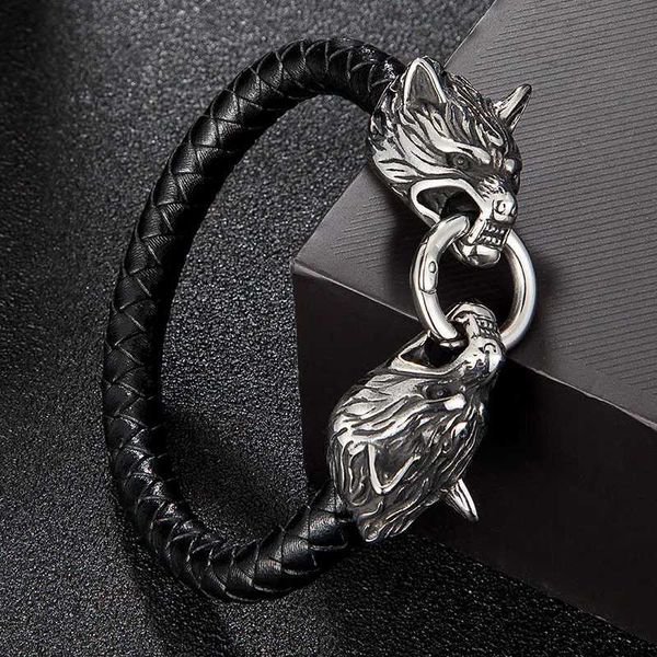 Braccialetti di fascino mkendn classico animale viking doppio drago lupo testa 316l in acciaio inossidabile in pelle in pelle braccialetto bestiame punk bes di bestiame pulseras y240510