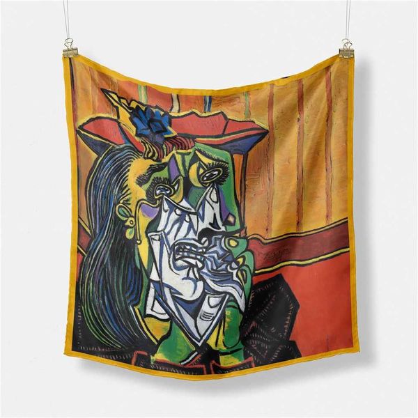 Lenços picasso pintura a óleo moda feminino lenço envolve carra % lenço de seda 53cm lenços quadrados lenço de cabeça hijab pescoço bandana q240509