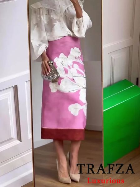 Trafza Vintage Casual Women Skirt Skirt Flower Stampa con cerniera lunga Scala dritta per la moda Spring Summer Gonna lunghe 240506