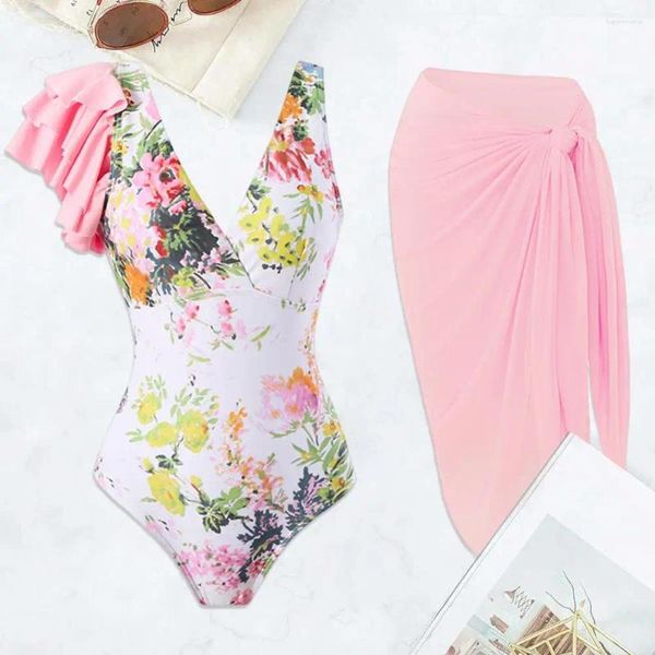 Damenbadebekleidung kontrastierende Farben Monokini Stylish floraldruck einteiliger Badeanzug Set mit Chiffon Deck-up Rock V-Ausschnitt für den Sommer