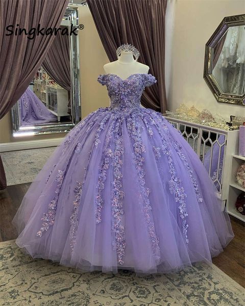 Yeni varış lavanta quinceanera elbiseler top ışıltılı boncuk payet çiçek aplike doğum günü partisi elbise tatlı 16. balo elbisesi