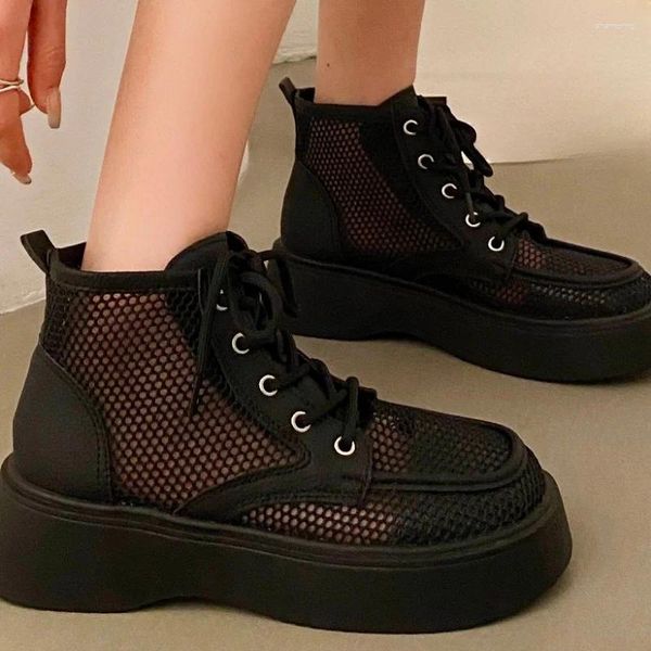 Boots feminino no tornozelo oco 2024 renda a plataforma de malha respirável sapatos curtos para mulheres de moda de verão casual