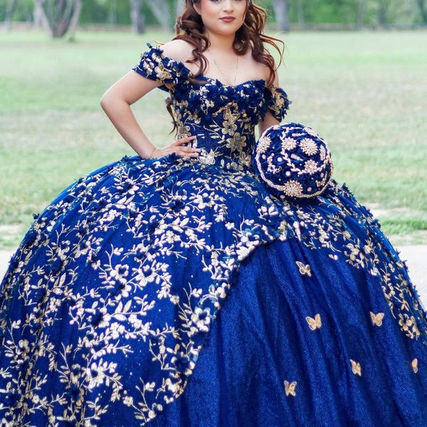 Royal Blue Puffy Princess Quinceanera Dresses 2024 Off spalla 3D Floral Bow Gillter Pauch-Up Corset Vestidos 15 Anos Rosa