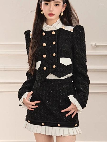 Vestimentos de trabalho temperamento Celebridade Salia de casaco duplo de peito conjunto de duas peças feminino coreano Stand stand colar Flounce Slim Fashion Spring Spring