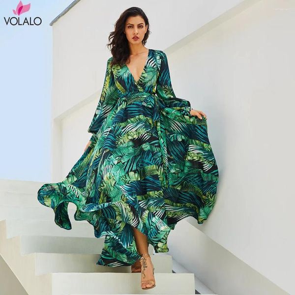 Vestidos casuais vestido de manga longa Volalo praia tropical verde vintage maxi boho v lacta de pescoço de pescoço up túnica drapeada