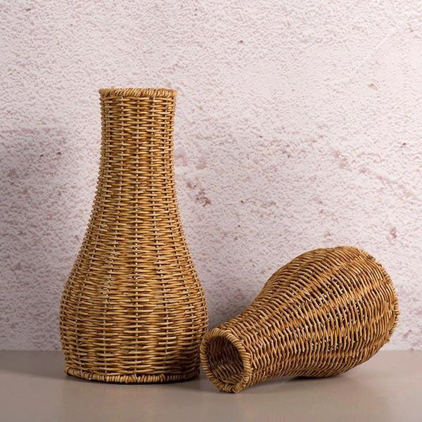 Vasen Retro handgefertigt gewebte Vase Imitation Rattan Blütenpflanze Topf Basketbouquethalter Hochzeit Home Office Tisch Dekorative
