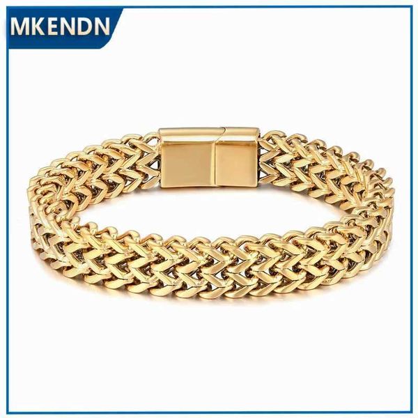 Charm Armbänder Mkendn Wide Cuban Link Chain Armband Männer 18k plattiert Edelstahl Herren Armbänder Armreifen Hip Hop Biker Handkette Armband Y240510