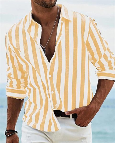 Camisas casuais masculinas Summer praia listra vintage impressa com mangas compridas de manga longa Cardigan Shirt Daily Street de alta qualidade roupas