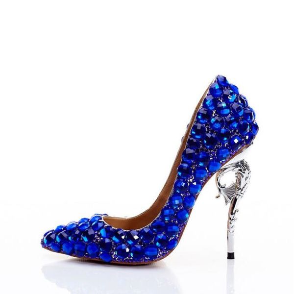 Eleganti eleganti scarpe da sposa blu royal blu da spicco con cinturino con il tacco alto tallone di cristallo di cristallo scinstine di nozze scintillanti per nozze principessa 2822