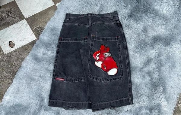Мужские шорты Harajuku Hip Hop Streetwear Jnco y2k бокс -перчатка графическая вышиваемая джинсовая тренажерный зал мешковатые джинсы мужские баскетбол