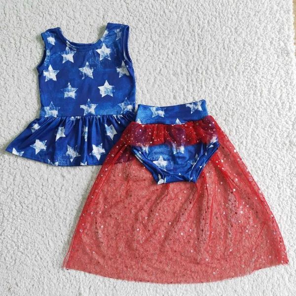 Set di abbigliamento Fashion Blue White Star Red Garze Red Loce Sleeveless Briefs Bummies Adatta Boutique all'ingrosso abiti da bambino Rts