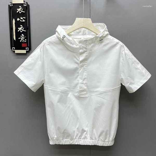 Erkek Tişörtleri Yaz Kısa Kollu Kapşonlu Erkekler Kore İnce Fit Moda Birleştirilmiş Sıradan All-Match 2xl Büyük Boy Giyim Üstleri Siyah Beyaz