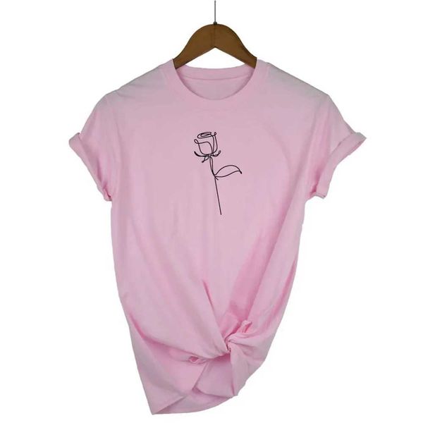 Camiseta feminina camiseta simples rosa linha de rosa impressão feminina roupas casuais algodão casual presente engraçado para lady jovem menina top t drop ship y240509