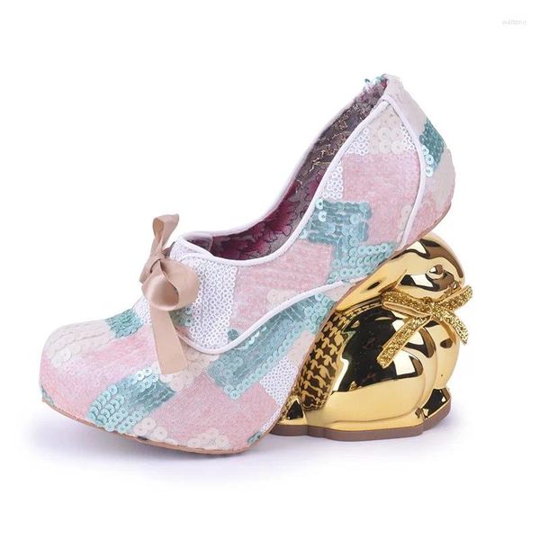 Kleiderschuhe Lolita Mary Jane Fischstil Pailletten Bling Verfärbung Gold Super High Heel Sexy Design Plattform Gurt Pumps