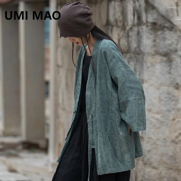 Jaquetas femininas Umi Mao Ramie Jaqueta Tirada Taquedada Autumn Cotton Femme Colar diagonal Amarrado camisa de estilo chinês Top Spring Rous