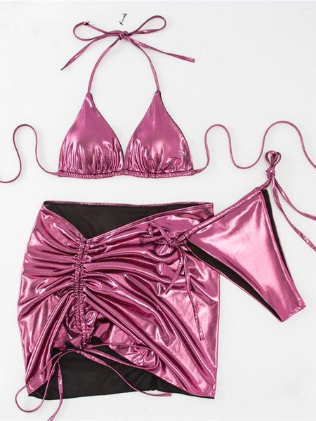 Frauen Badebekleidung 3 Stück Metallic Badeanzüge Halfter Dreieck String Bikini Set mit Rock PU FAUX Lederinnen weiblicher Badeanzug