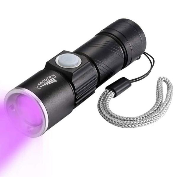 Tragbares USB UV Ultraviolett schwarzes Licht 395nm/365nm LED Taschenlampe 3 Modus Zoom Fackel Pet Urin Flecken Skorpion Bernstein Detektor