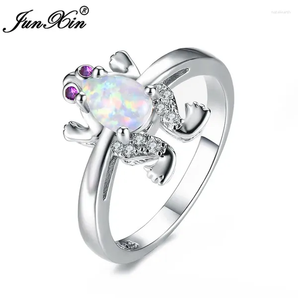 Mit Seitensteinen süße weibliche Mädchen blau weißes Feuer Opal Ring 925 Sterling Silber Engagement Ringe für Frauen Boho Frosch Tier Hochzeit