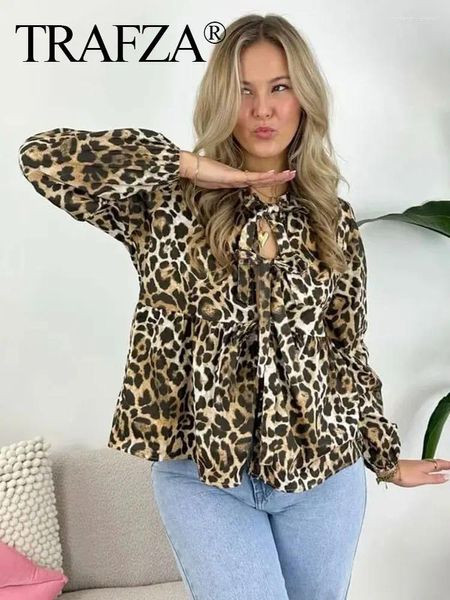 Blouses feminina Trafza Leopard Print Shirt for Women Summer Summer Summer Loto de arco solto Up Blusa de rua da moda feminina