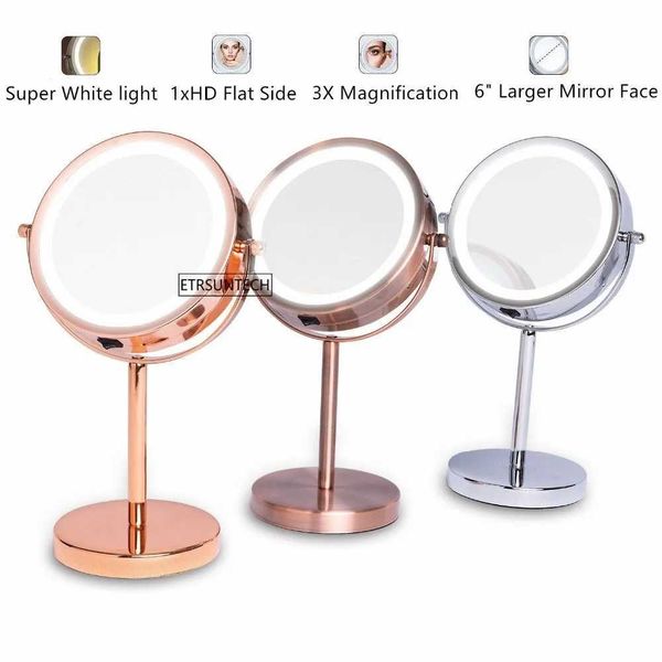 Компактные зеркала 6 1x/3x увеличенное двухстороннее зеркало с 18 светодиодной лампой стойкой настольной настольной макияж с 3-цветным Q240509