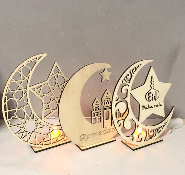 LED Holz Eid Mubarak Plaque Moon Star Ramadan Ornament Muslim Festivals Home Tisch Dekor Stall glatte Anhänger6688779