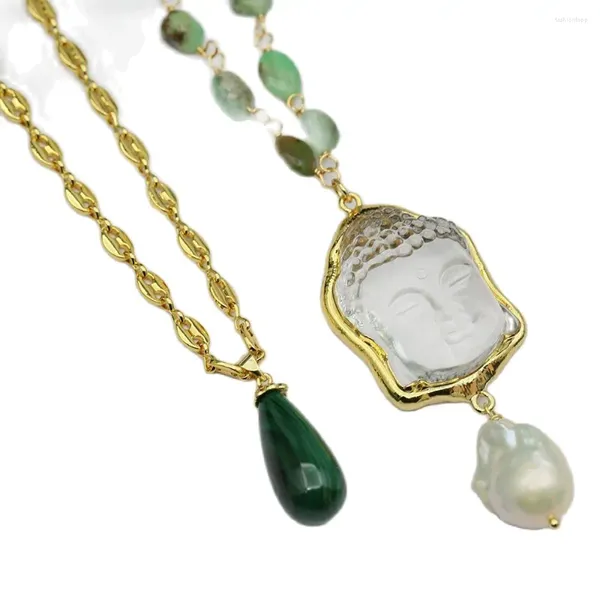 Подвесные ожерелья Guaiguai Jewelry 2 Ряды Ряд зеленые хризопразы Золотая цепная ожерелье Chrysocolla Buddha Quartz Baroque Pearl Pearl