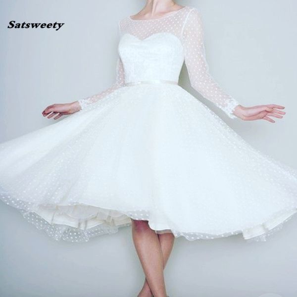 Vintage White Manga White Dress Women Dressal Vestidos de Brides Vestidos de noiva Vestidos de noiva Retro Denúsculo Vestido de casamento Spring Novo 2170