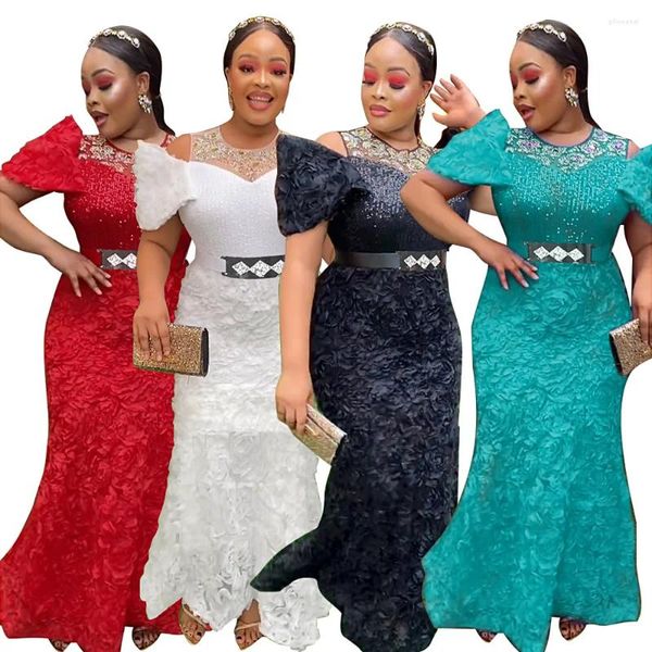 Roupas étnicas Mulheres vestidos africanos vestidos de malha de manga curta lindos contas de cinto sólido envoltem nádegas vestidos