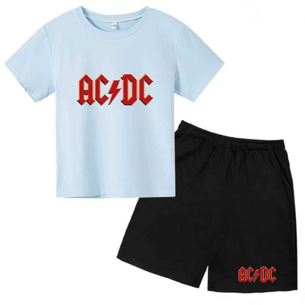 Roupas Conjuntos de roupas Childrens Camiseta redonda letra de pescoço impresso AC DC Top+shorts Defina roupas de esportes casuais e meninas de esportes ao ar livre de 3 a 12 anos de idade