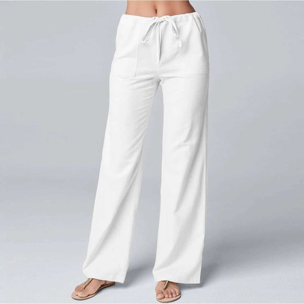 Calça feminina Capris Capra de linho de algodão feminino Elastic de cor sólida Elastic solta perna larga perna larga alta cintura mensal reto e reto de cintura calça casual