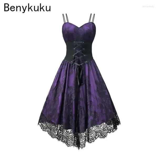 Lässige Kleider Gothic Purple Spaghetti Riemen Korsett Kleiderinnen Frauen hohe Taille Cosplay Party Vintage Kostüm Spitze sexy lange Gothkleidung