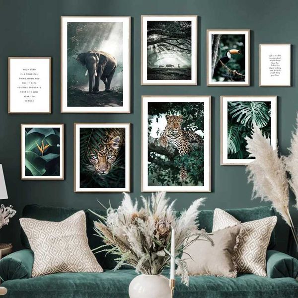 Lpaper Jungle Wild Leopard Elefant Tropical Bird Blatt Nordic Poster Wandkunst Druck für Wohnzimmer Dekor Leinwand Malerei Bild J240505