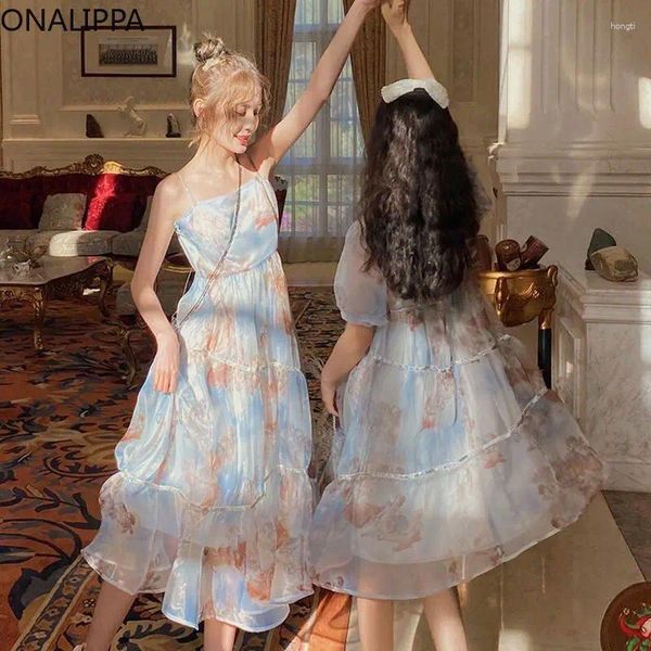 Lässige Kleider Onalippa Ölmalerei Chiffon Sommerkleid pastoraler Stil kleiner frischer Krawattenfärben Spleißen Fairy Vestidos