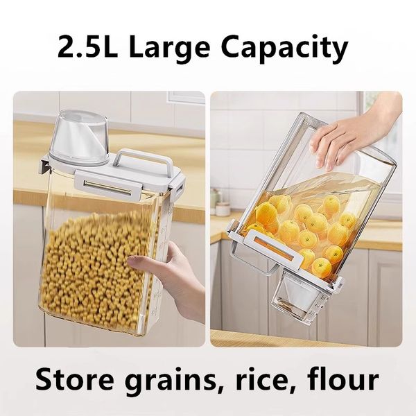 Arroz de grão selado à prova de umidade de insetos domésticos, tanque de armazenamento de farinha cilindro de armazenamento de arroz transparente de farinha 2.5L Caixa de armazenamento de grãos diversos