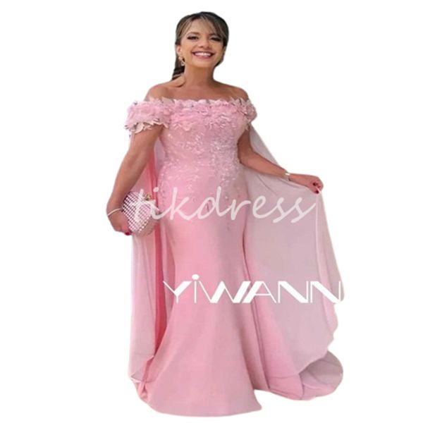 Vintage Pink Mutter des Brautkleides mit Cape Elegant Off Schulterblumen Spitze Hochzeitsgastkleid 2024 Meerjungfrau Abendkleid Bräutigam Mutter formelle Partykleid Einsachen