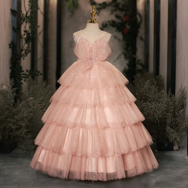 Luxus 2024 Neue Mädchen Blumenmädchen Kleider für Hochzeit rosa Bling Lange erste heilige Kommunionkleider gegen Nacken Spitze Ballkleid Perlen Perlen Perlen Mädchen Prinzessin Festzug Kleider