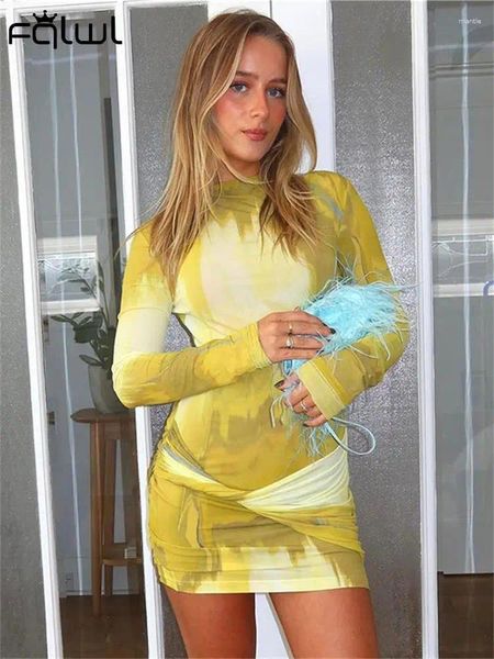 Vestidos casuais habbris estampar amarelo vestido curto festeira noite para mulheres 2024 outono inverno manga longa cintura alta booty de moda