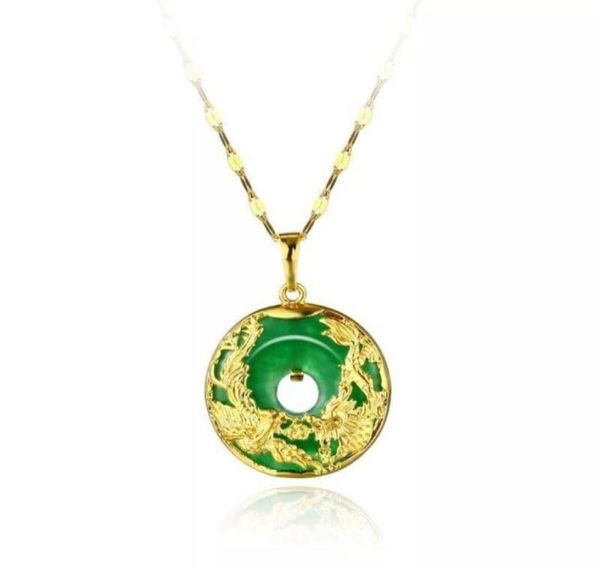 Выделка Dragon and Phoenix для женщин Зеленый Малайзийский нефритовый Китай Древний талисман 24k золота, покрытый цепью 61336618567411