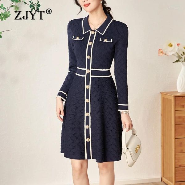 Abiti casual zjyt a maniche lunghe maglieria per donne maglieria a blocchi di colore molla abbassa il collare vestito vintage di base vestidos blu blu blu