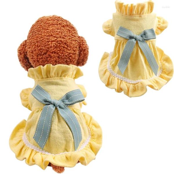 Hundekleidung 2024 Haustier gelbes Falten -Sommerkleid für Hunde Spitze Hochkragen Big Bowknot Tutu Ladies