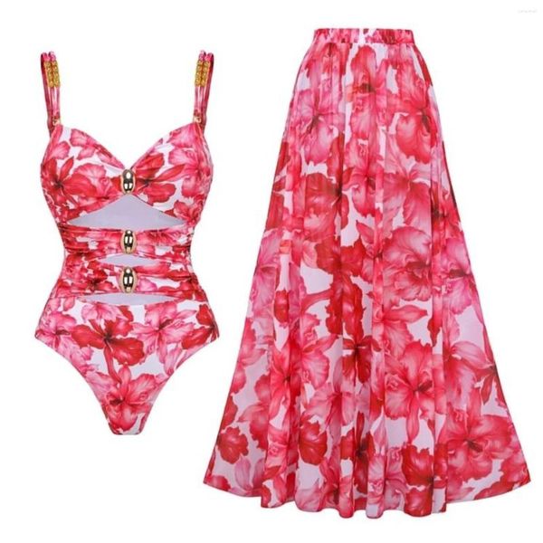 Frauen Badebekleidung Red Flower Print hohl aus-Out V-Ausschnitt Rüsche ein Stück Badeanzug hoher Taille Sexy Slim Bikini Beach Tragen Mode Sommer 2024