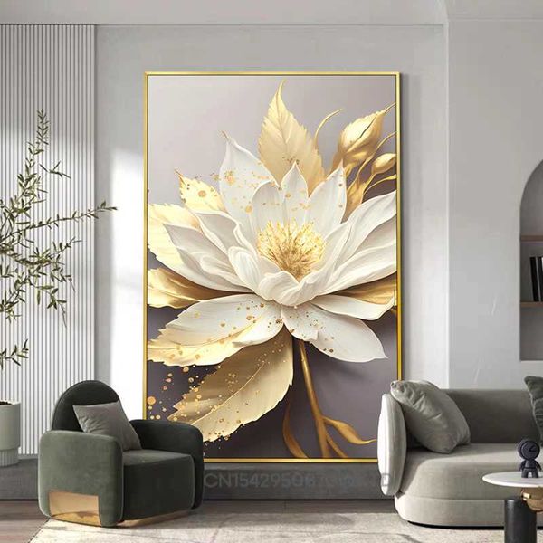 Sfondi foglia d'oro e poster di fiori bianchi decorazione in tela immagini murali soggiorno decorazione interno camera da letto moderna j240505