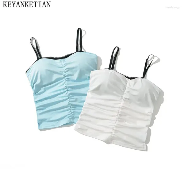 Frauen Tanks Keyanketian 2024 Start Bra Pad Korsett würziges Mädchen sexy verstellbare Gurtfalten dünne Weste Spitzendekoration Crop Top Top